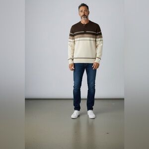 Puritan Vintage Mens Grandpa Brown Cream Long Sleeve Polo Sweater Sz Medium NWT